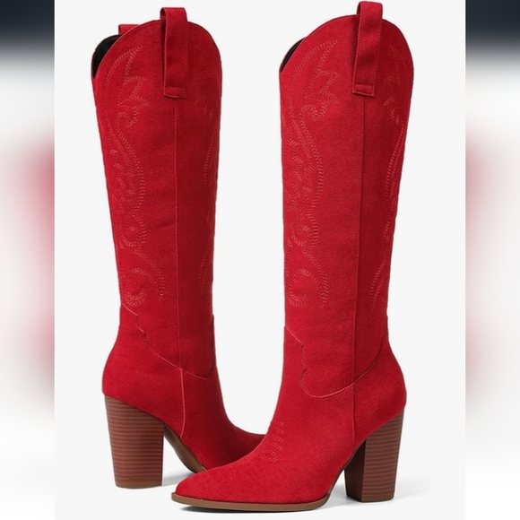 Red Suede Knee-High Boots - Picture 1 of 16